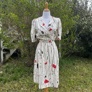 Vintage Melissa Lane Abstract Print Dress Size 10 Beige Red Black